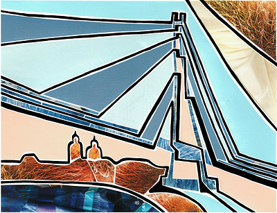 Lovers' bridge (Tyumen, Russia) blue bridge bright city view collage illustration mosaic outline paper pieces russia siberia silhoutte tyumen