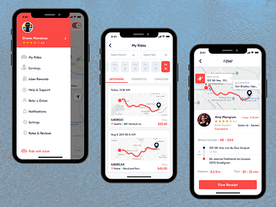 Left Navigation and My Ride Screens Flow For Taxi Driver App mobile app taxi booking app taxiapp uiux