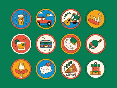 Vacation badges adventure backpack badges barbecue car drink food guitar music pins pizza sausage
