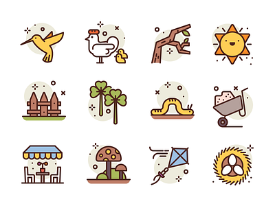 Spring Icons bird eggs fence icons illustration kite sun worm