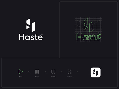 Haste logo concept app design app icon app logo black and white clean logo custom type grid h logo logo designer logo grid logo mark logotype negative space play icon simple design simple logo video video app video logo