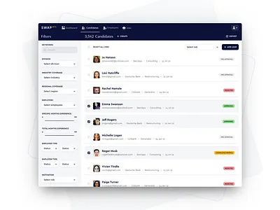 Swap Candidate Search crm filters platform search ui ux