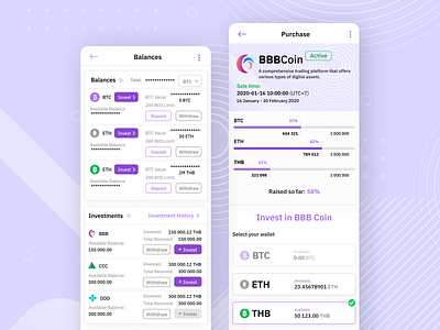Cryptocurrency Investment Platform - Mobile Screens | eqBit bitcoin bitcoin exchange crypto crypto exchange crypto trading cryptocurrency cryptocurrency exchange ether finance fintech icon invest investing investment investments light colors mobile app mobile design mobile ui trading