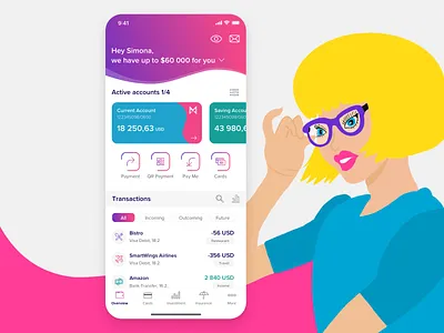 Bank Dashboard Mobile App accounts bank card dashboard design finance graph history illustration iphone listing mobile money payment tech technology transaction