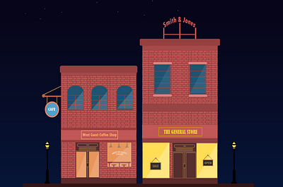 The Breathing Town. architecture building cafe city coffee illustration mall minimal minimalism night restaurant sky stars town typo