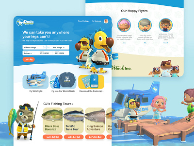 Dodo Airlines Website airline animal crossing birds fish fishing flight flight booking flyer game games gaming nintendo orville page testimonials tom nook ui userinterface websites wilbur