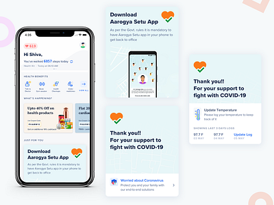 Aarogya Setu App aarogya setu benefits coronavirus coupons covid download app health health benefits marketing tiles marketplace offers thankyou update log update temperature