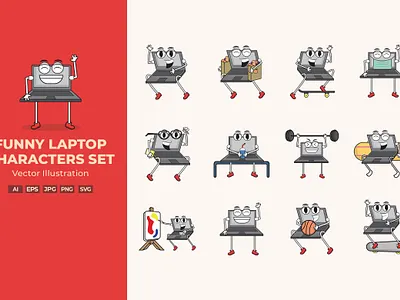 Funny Laptop Characters Set business businessman cartoon character design flat funny icon illustration isolated laptop man modern office people professional set smile vector young