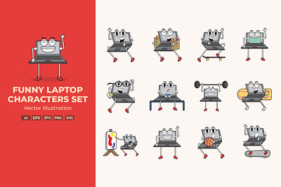Funny Laptop Characters Set business businessman cartoon character design flat funny icon illustration isolated laptop man modern office people professional set smile vector young