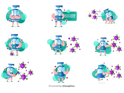 Hand Sanitizer Mascot Character Pack art blue cartoon character clean concept corona corona virus coronavirus covid 19 design drop graphic hand sanitizer health illustration mascot nature vector wash hand
