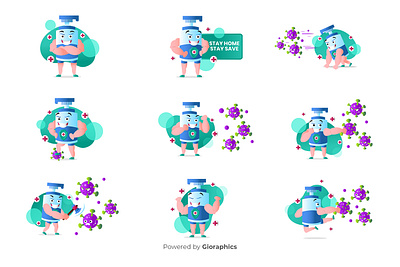 Hand Sanitizer Mascot Character Pack art blue cartoon character clean concept corona corona virus coronavirus covid 19 design drop graphic hand sanitizer health illustration mascot nature vector wash hand