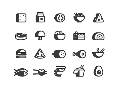 Food Icons avocado bread cake cheese citrus fish food gluten icon icons lemon meal meat milk mushroom pizza salad shrimp soup steak