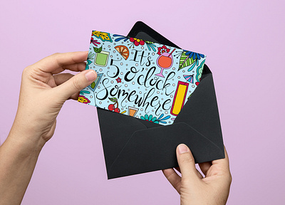 It's 5 O' Clock Somewhere Greeting Card drawing floral floral design greeting card modern cursive typography whimsical