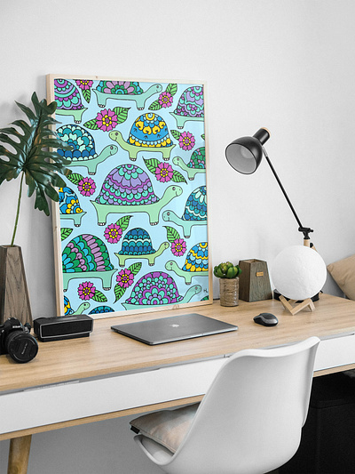 Tortoises Blue Palette Wall Art desk drawing home decor illustration pattern pattern design tortoise turtle wall art