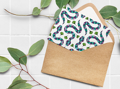 Geometric Snakes and Ginkgo Leaves Card abstract botanical card colorful drawing geometric art geometric illustration geometric snake ginkgo leaf ginkgo leaves snake stationary wildlife