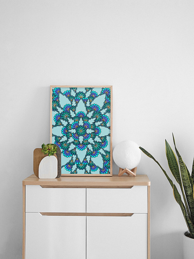 Blue Henna Bloom Poster abstract blue botanical drawing floral flowers henna home decor interior design mandala symmetrical symmetry