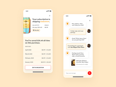 Beer App – Subscription & Chat beer chat chatbot ecommerce grocery minimal rewards serif shopping subscription ui