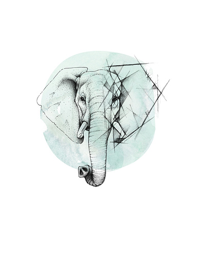 Geometric elephant sketch animal illustration animals aqua blue dotwork elephant elephants endangered species geometric pen and ink pen art pen drawing photoshop pointillism portrait sketch tusks watercolor