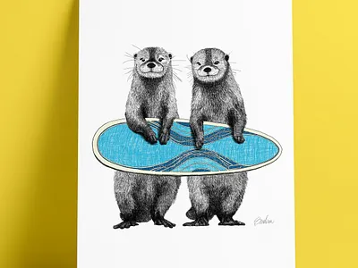 Sneak Peak of Surfing Otters Custom Artwork animal art art artwork digital art drawing illustration printing