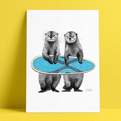 Sneak Peak of Surfing Otters Custom Artwork animal art art artwork digital art drawing illustration printing