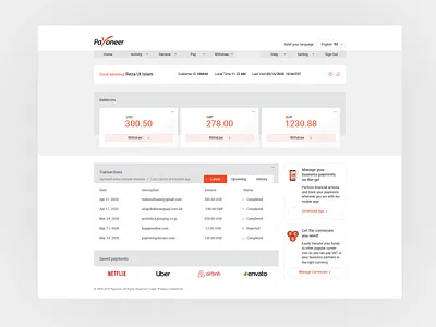 Payoneer User Dashboard clean clean ui coins concept credit idea money payment payment method payoneer redesign transaction uidesign uiux