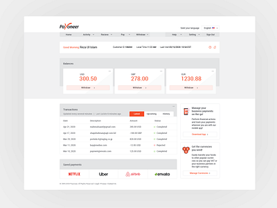 Payoneer User Dashboard clean clean ui coins concept credit idea money payment payment method payoneer redesign transaction uidesign uiux