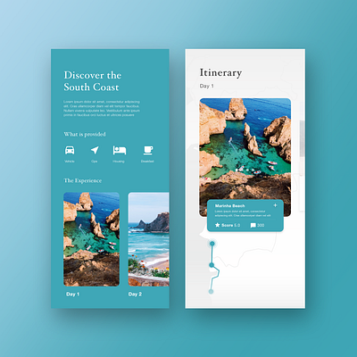 Travel App - Itinerary - Portugal's South Coast adobe xd app app design application beach blue clean design discover experience itinerary minimalist portugal portuguese summer ui vacation xd