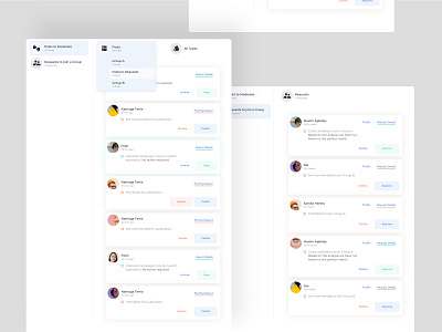 Posts and Requests panels with filter options filter posts by group and type moderate content product design task analyse ui filters ui modeling