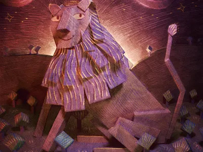 Giant Lion 3d colour depth illustration lion night pencil sky stars texture trees water