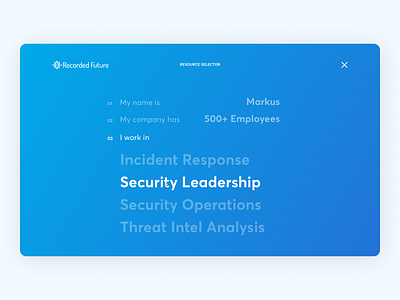 Recorded Future Resource Selector blue clean digital flat minimal pricing product selector quiz saas security simple ui ux web