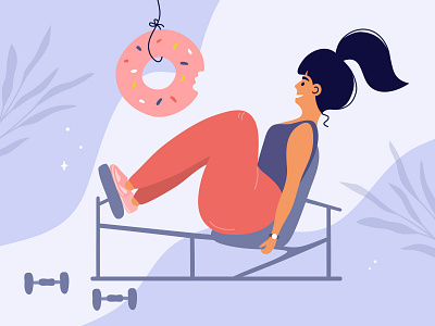 I love gym calories cartoon design donut eating exercise female flat illustration funny girl girl character gym health illustration lifestyle motivation sport sportwear vector workout