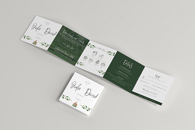 Five Fold Wedding Invitation card design event folded green white illustration invitation square wedding invitation