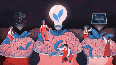 Brains! brainy editorial art editorial illustration garden head ideas illustration lightbulb procreate texture tiny people