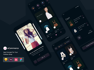 eCommerce App Concept - Dark adobe xd app app ui concept dark design ecommerce ecommerce app flat illustration mobile ui design vector