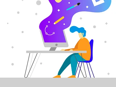 Flat Graphic Design Software Development Vector Illustration adult artist background cartoon chair character coffee computer concept creative design designer desk desktop digital dpicso drawing flat freelancer illustration