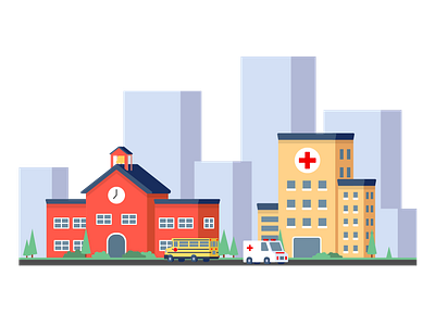 A Hospital & School adobe illustrator ambulance buildings city coronavirus covid covid19 design fundraiser help hospital hospitals illustration school school bus schoolhouse town