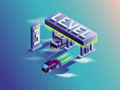 Level 3 car gas station gradient illustraion isometric isometry morning vector