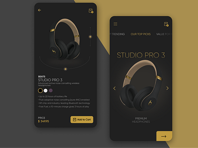 Headphones Store App Design app design app ui clean style dark dark mode designinspiration flat golden headphone interactive premium shopping ui uxui