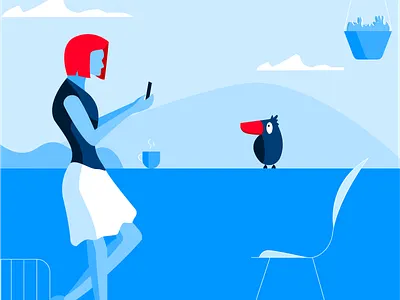 Gotcha! balcony beginner bird blue break capture caught click coffee coffee cup cup digital art girl illustration nature photo pose woman
