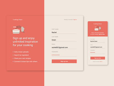 Sign Up Screen — Cooking Times mobile web design sign in sign up ui design user interface design ux design web design