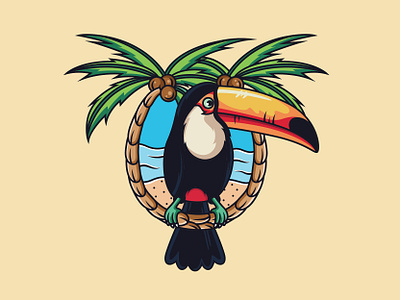 Toucan with beach background adorable adorable lovely animal animal character art beach bird cartoon character cute design graphic illustration mascot mascot design parrot sweet toucan vector wings