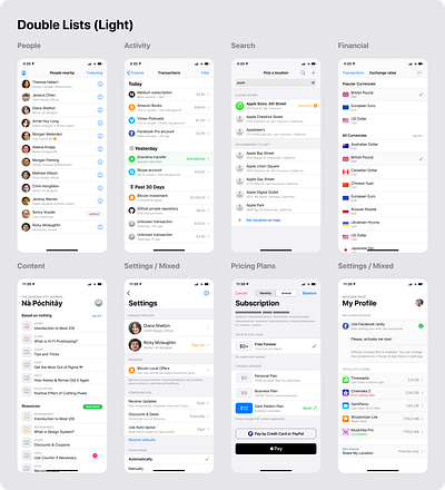 Figma iOS design library - Table view lists patterns app design design system figma ios list mobile plan settings social table view templates ui ui kit