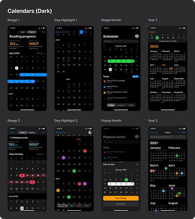 Figma iOS design library - Datepicker & Calendar Templates app calendar dark date datepicker design figma ios mobile templates time ui ui kit