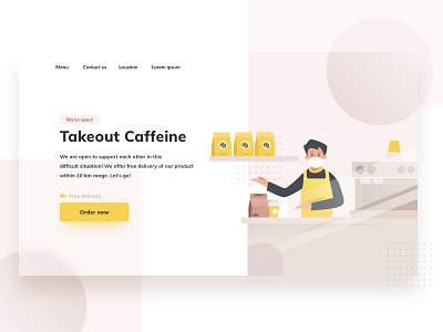 Takeout Cafe - Landing Page Header business cafe coffee coffee bean coffee shop covid19 delivery header header illustration illustration online pandemy takeout ui ux website