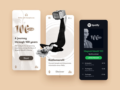 Magneti Marelli 100 100 branding design experience heritage magnetimarelli mobile music podcast radio sketch spotify typography ui uiux vintage voice