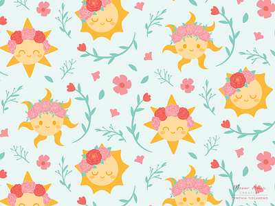 Sun Flower Crowns Pattern challenge cute cute illustration florals flower crowns pattern pattern art positive seamlesspattern spoonflower summer sun sunshine surface pattern vector