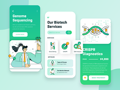 Biotech Startup Mobile App UI/UX 2d biotech business character dna fintech flat green icon illustration medicine mobile app onboarding science startup technology ui ux vector virus