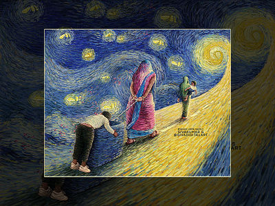 The Starry(Scary) Night art children corona coronavirus covid 19 digital art drawing illustration india lockdown migrants migrants workers pandemic poverty road sivadigitalart van gogh vincent van gogh