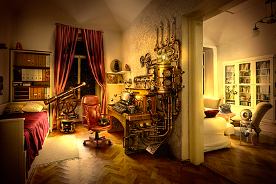 Matte Painting: the room in steampunk style illustration mattepainting room steampunk