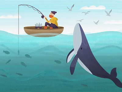 Fisherman and Whale 2d blue cartoon cartoon character character design fisherman fishes fishing flat grain illustration kids illustration mammals noise ocean sea seagulls turquoise vector whale